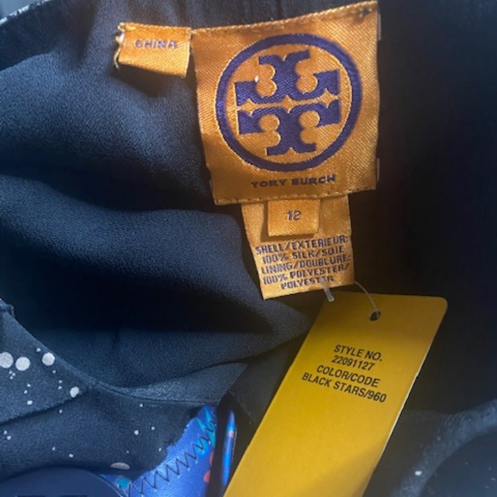 New! Tory Burch Silk Layered Ruffled Lea Black Stars Top Blouse Sz 12 - Picture 6 of 7